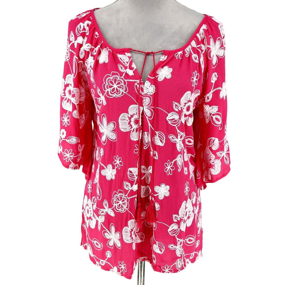 Liv Los Angeles Top Womens Small Pink Gauze White Embroidery Blouse Resort New